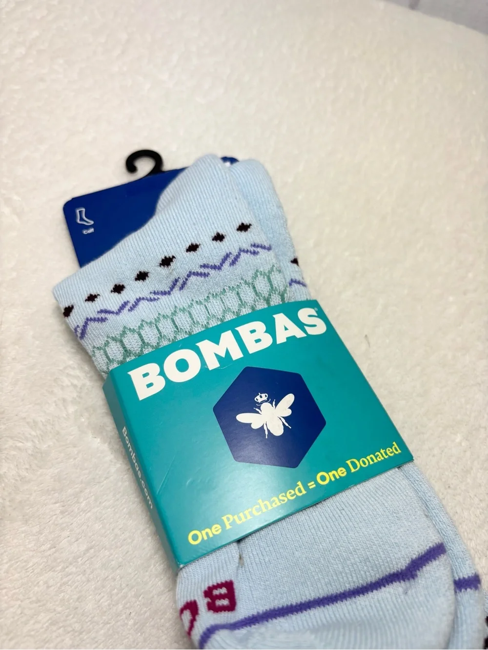 Bombas Light Blue Calf Socks with Green & Purple Pattern Size L